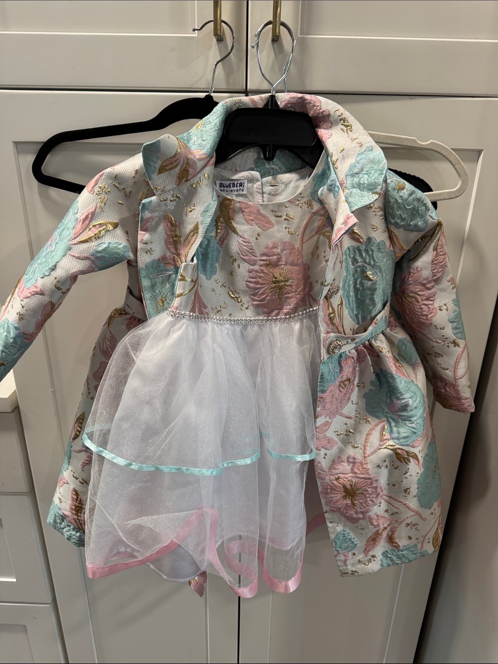 Blueberi Boulevard Pastel Pink and Aqua Floral Taffeta Dress with Organza Skirt